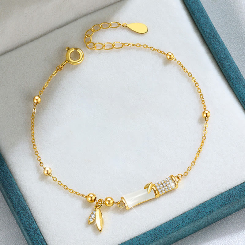 KarmaRipple's 925 Sterling Silver 18K Gold Plated Ivory Jade Bamboo Zircon Leaf Fortune Bracelet p2