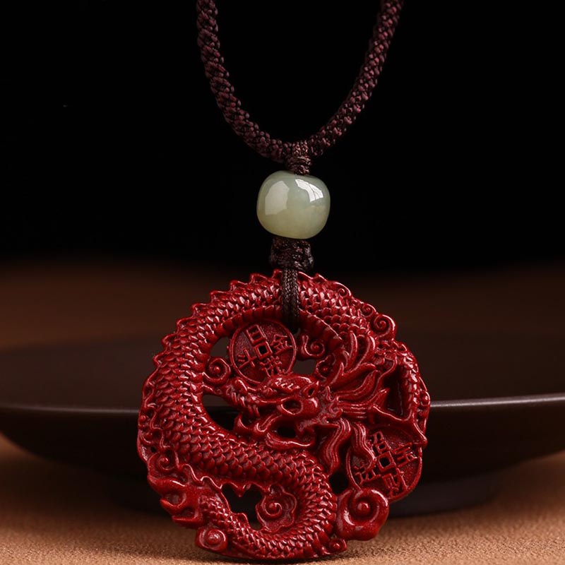 KarmaRipple's Year Of The Dragon Authentic Cinnabar Hetian Jade Bead Bronze Coin Attract Wealth Strength Pendant Necklace p9
