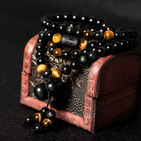 Bracelet Mala authentique en obsidienne noire arc-en-ciel de KarmaRipple, avec gourde bénie