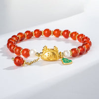 Bracelet authentique en agate rouge et onyx noir avec pierre précieuse rose et personnage Fortune Fu de KarmaRipple, Année du Dragon