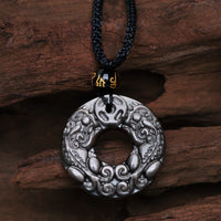 Collier avec pendentif en obsidienne argentée authentique de KarmaRipple, double pièce de bronze PiXiu, boucle de paix et protection