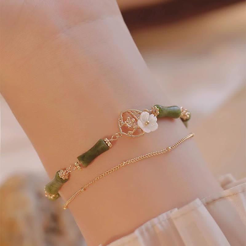 KarmaRipple's 14k Gold Plated Bronze Peridot Bamboo Flower Wealth Double Layer Bracelet p3