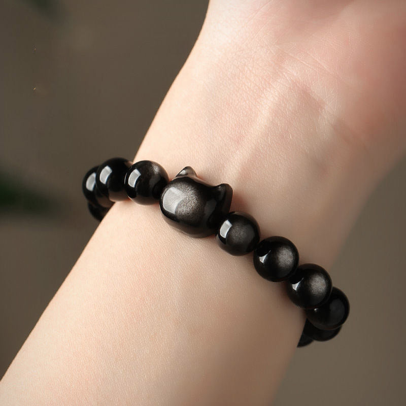 KarmaRipple's Gold Sheen Obsidian Silver Sheen Obsidian Lovely Paw Fortunate Cat Protection Bracelet p25