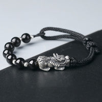 Bracelet FengShui PiXiu en argent sterling 999 et perles d'obsidienne noire authentiques de KarmaRipple