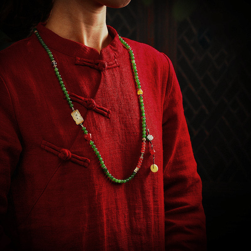 KarmaRipple's 108 Mala Beadwork Cyan Jade Red Agate Laughing Buddha Fortune Bracelet p6