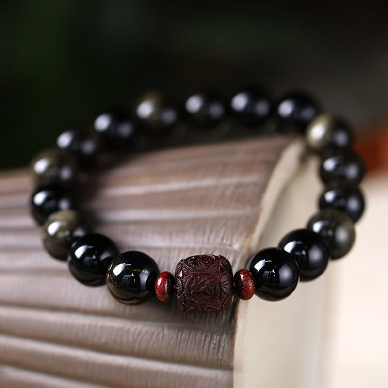 KarmaRipple's Authentic Gold Sheen Obsidian Rainbow Obsidian Om Mani Padme Hum Fu Character Balancing Bracelet p52