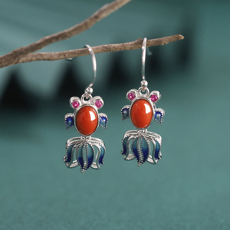 KarmaRipple's 925 Sterling Silver Hetian Ivory Jade Red Agate Cute Fish Happiness Drop Earrings p17