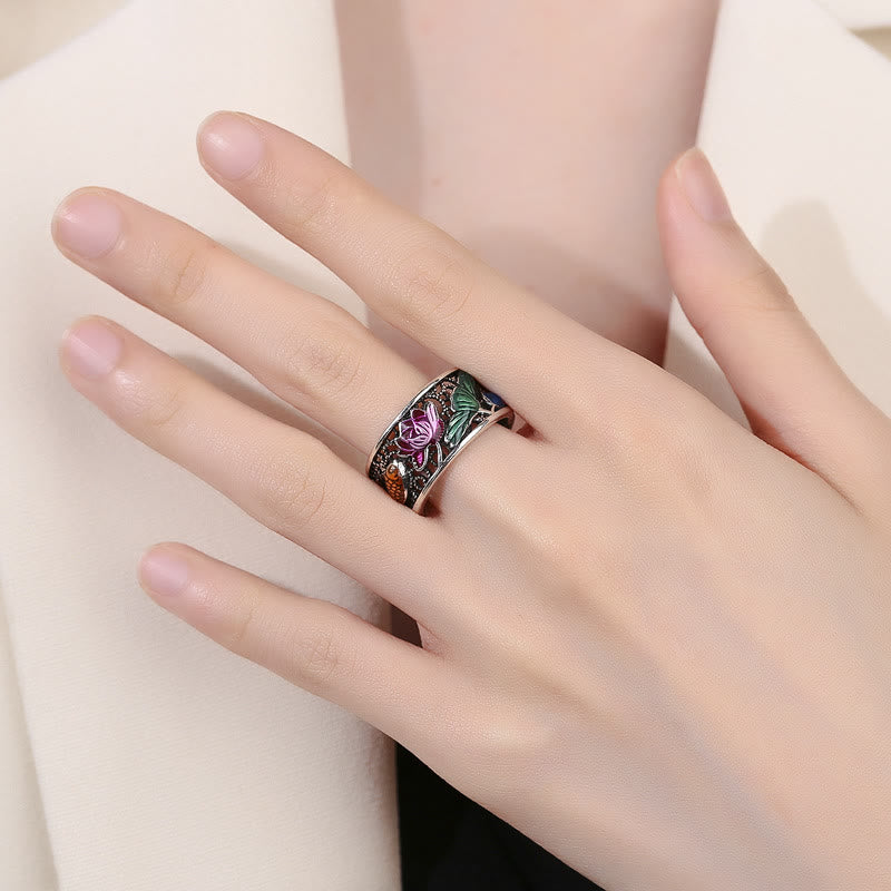 KarmaRipple's Bronze Blue Enamel Lotus Heart Sutra Koi Fish Fortune Ring p16