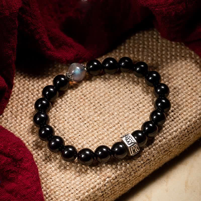 KarmaRipple's Chinese Zodiac Natal Buddha 925 Sterling Silver Black Obsidian Moonstone Strength Bracelet p31