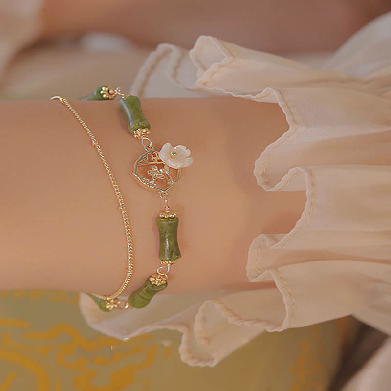 KarmaRipple's 14k Gold Plated Bronze Peridot Bamboo Flower Wealth Double Layer Bracelet p7