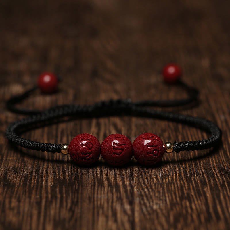 KarmaRipple's Handmade Cinnabar Om Mani Padme Hum Engraved Beadwork Blessing Woven Bracelet p3