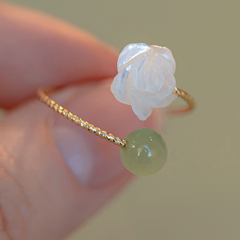 KarmaRipple's 14K Gold Plated Tridacna Stone'se Flower Jade Bead Blessing Ring p2