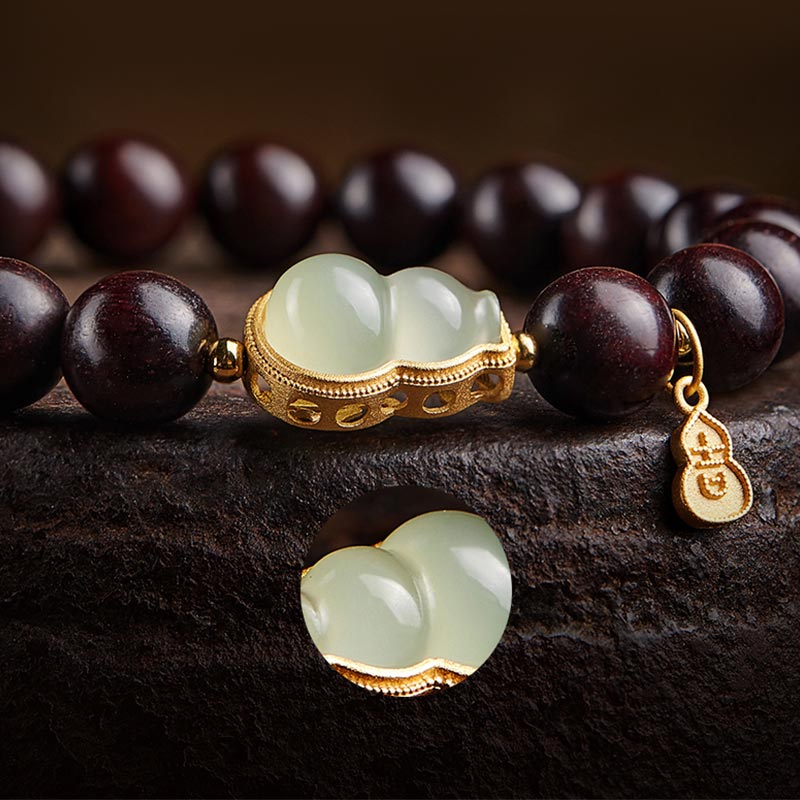 KarmaRipple's Small Leaf Red Sandalwood Gourd Jade Calm Relaxation Bracelet p16