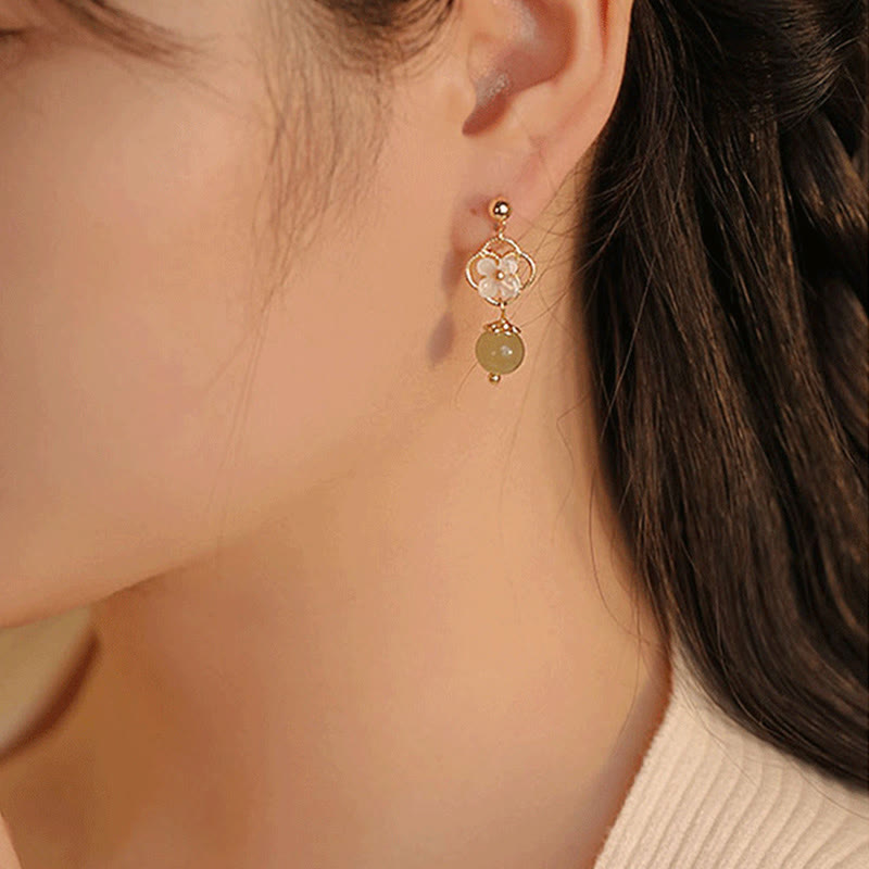 KarmaRipple's Tridacna Stone Flower Jade Bead Blessing Drop Earrings p7