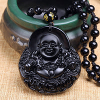 Collier pendentif de protection en obsidienne noire Bouddha rieur de KarmaRipple