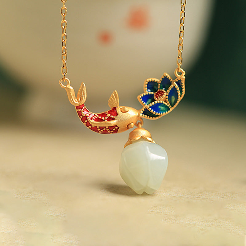 KarmaRipple's 925 Sterling Silver Ivory Jade Koi Fish Lotus Protection Pendant Necklace p2