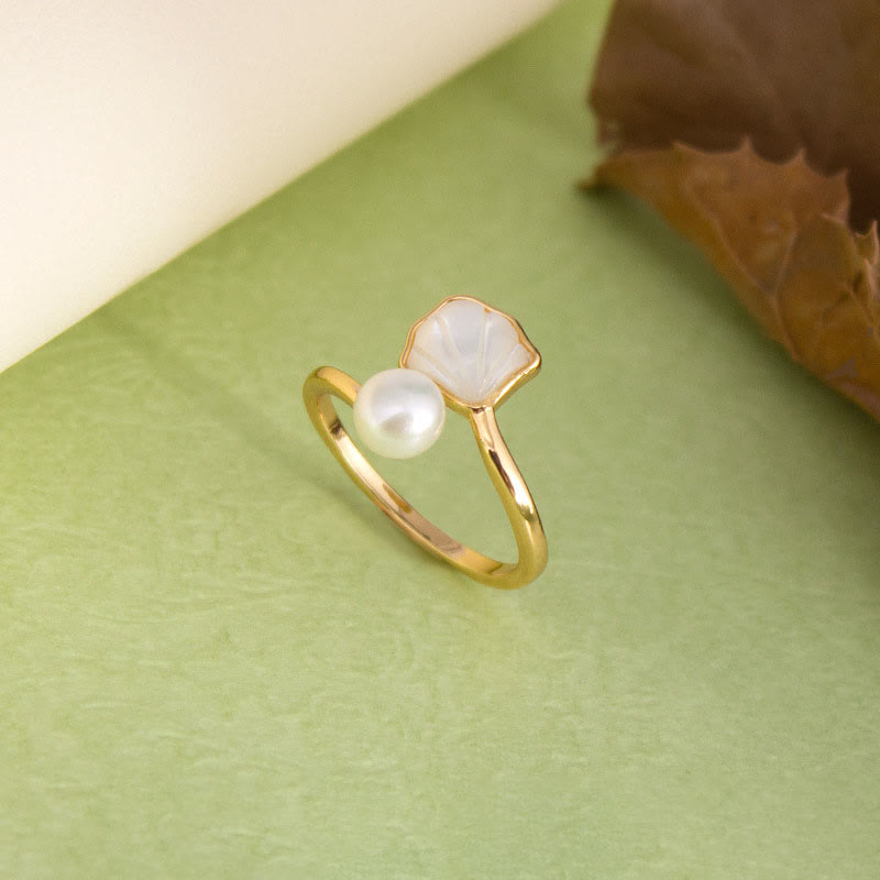 KarmaRipple's Ginkgo Tridacna Stone Pearl Bead Bronze Blessing Pendant Necklace Ring Earrings Set p13