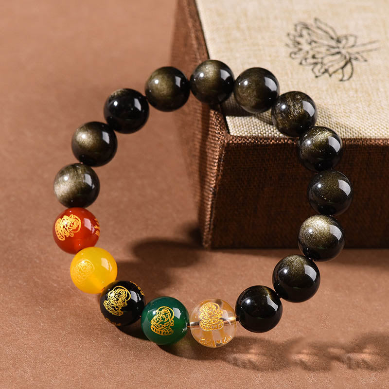KarmaRipple's Gold Sheen Obsidian Rainbow Obsidian Black Obsidian Five Directions Gods of Wealth Bracelet p5