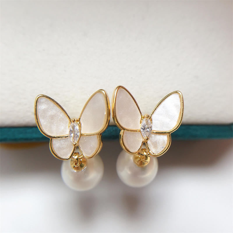 KarmaRipple's 925 Sterling Silver Posts 18K Gold Plated Bronze Pearl Butterfly Optimism Stud Earrings p3