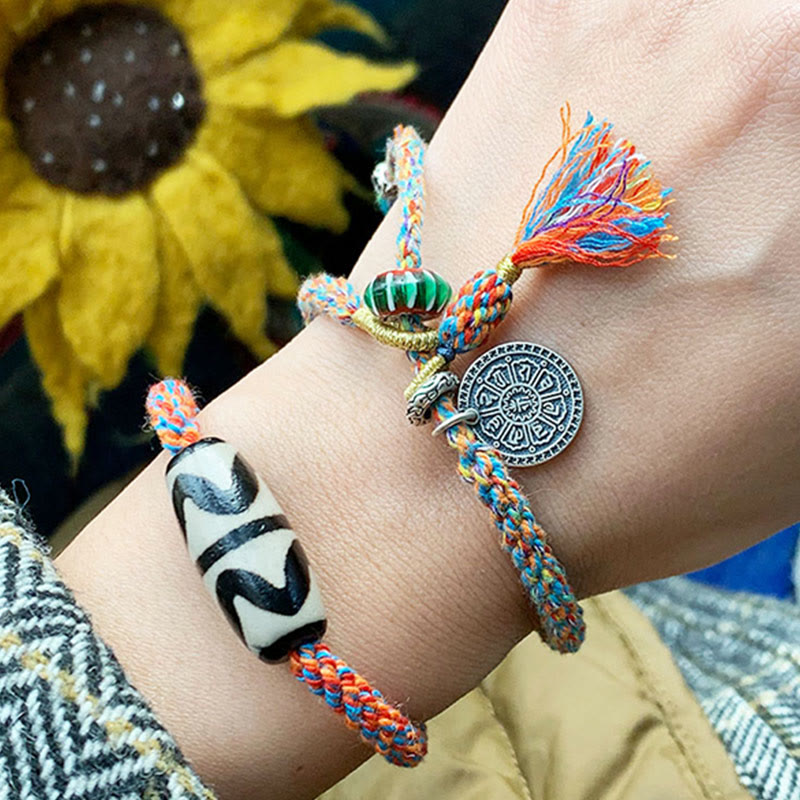 KarmaRipple's Tibetan 925 Sterling Silver Om Mani Padme Hum Handmade Dzi Bead Protection Braid Bracelet p10