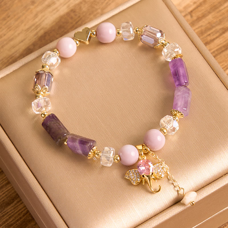 KarmaRipple's Amethyst Green Aventurine Strawberry Quartz Positive Elephant Talisman Bracelet p7