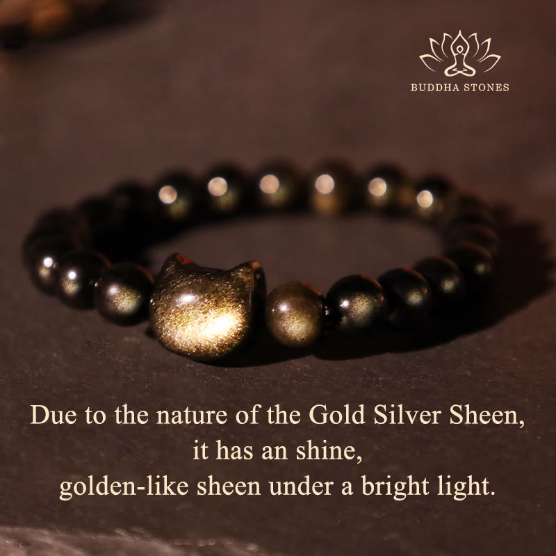 KarmaRipple's Gold Sheen Obsidian Silver Sheen Obsidian Lovely Paw Fortunate Cat Protection Bracelet p12