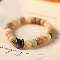 Bracelet d'équilibre gravé en obsidienne argentée et brillante avec tête de chat et graine de Bodhi de KarmaRipple, Om Mani Padme Hum