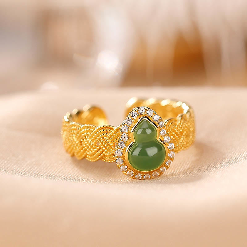 KarmaRipple's 925 Sterling Silver Plated Gold Authentic Hetian Cyan Jade Gourd Fortune Bracelet Ring Set p2
