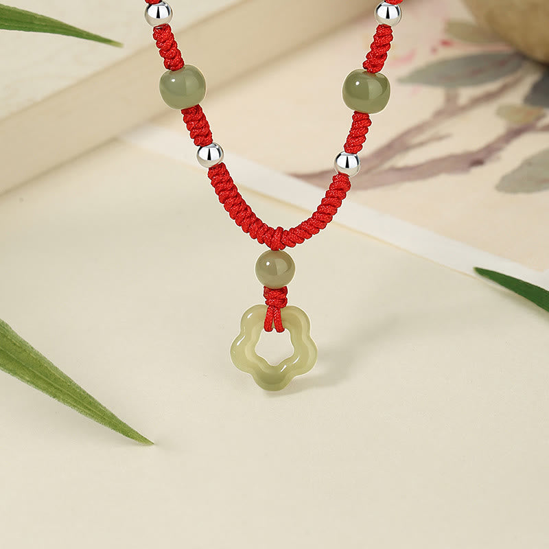 KarmaRipple's 925 Sterling Silver Authentic Hetian Cyan Jade Flower Pentagram Fortune Red Rope Pendant Necklace Bracelet Set p17