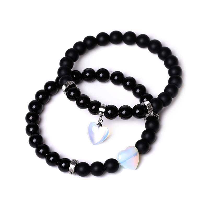 KarmaRipple's 2Pcs Black Onyx Gemstone Stone Love Heart Protection Support Pair Bracelet p27