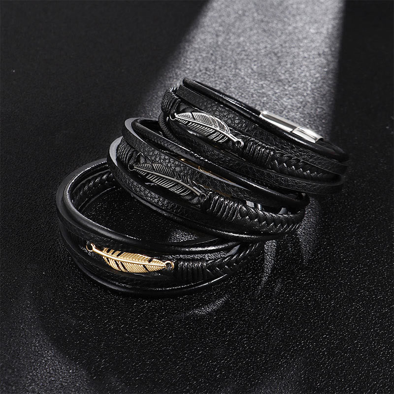 KarmaRipple's Feather Pattern Multilayer Leather Titanium Steel Calm Woven Magnetic Buckle Bracelet p4