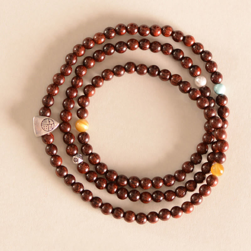 KarmaRipple's 925 Sterling Silver Indian Small Leaf Red Sandalwood Fu Character Protection Triple Wrap Bracelet p4