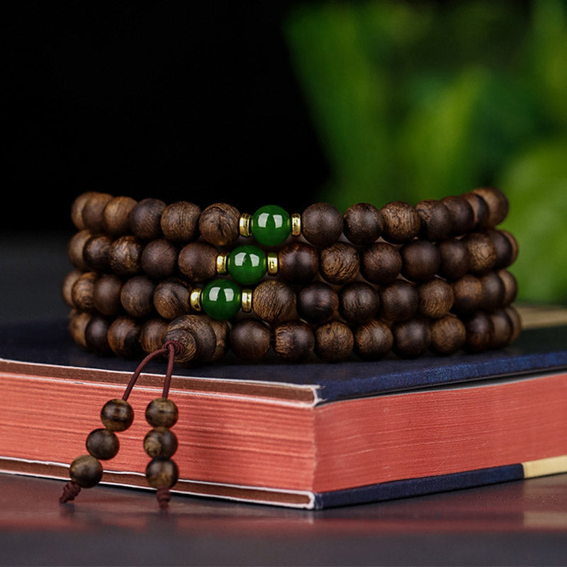 KarmaRipple's 108 Mala Beadwork Indonesia Tarakan Rare Agarwood Cyan Jade Ward Off Evil Spirits Bracelet p11