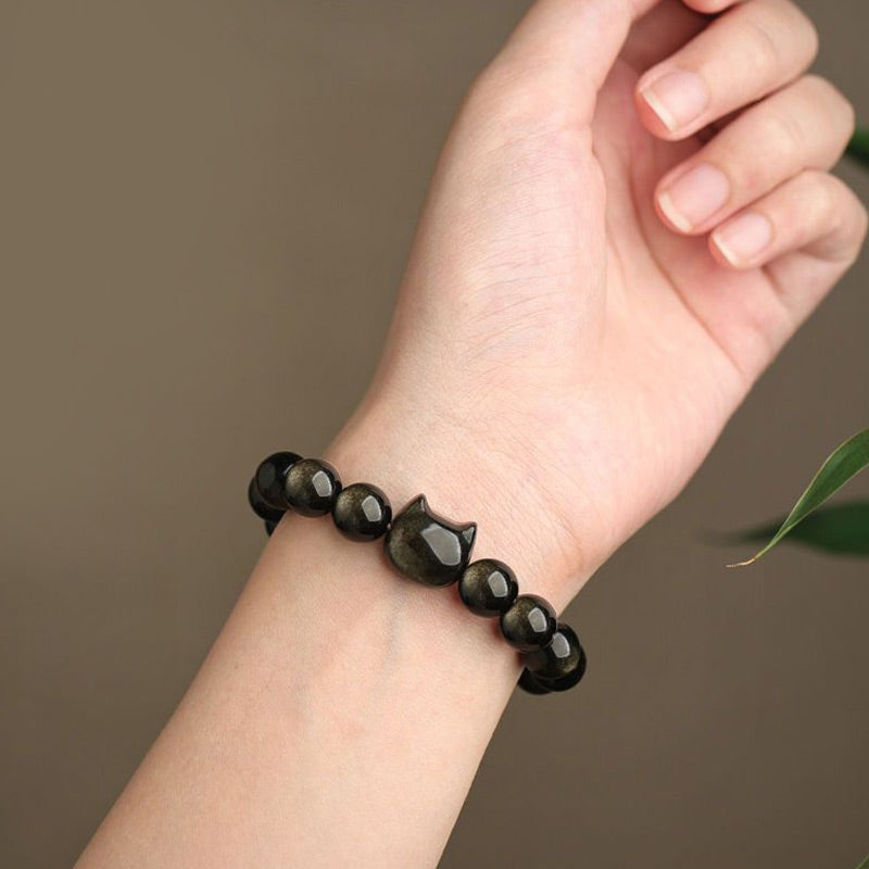 KarmaRipple's Gold Sheen Obsidian Silver Sheen Obsidian Lovely Paw Fortunate Cat Protection Bracelet p16