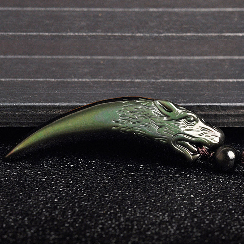 KarmaRipple's Authentic Black Obsidian Ice Obsidian Rainbow Obsidian Wolf Tooth Pattern Strength Pendant Necklace p18