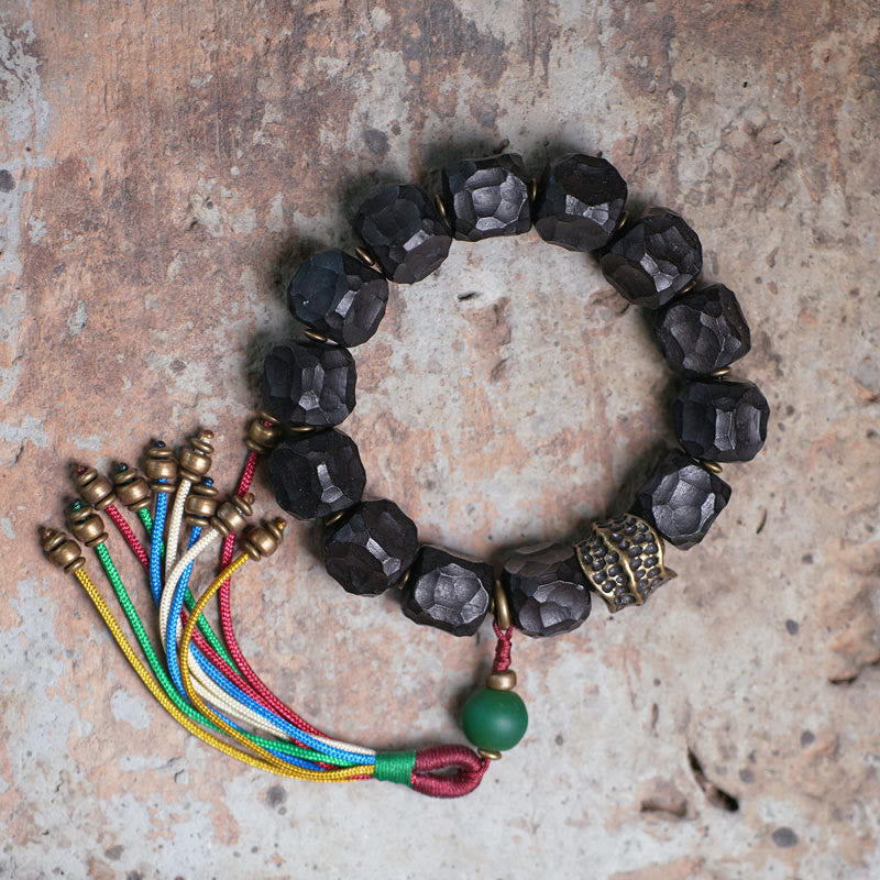 KarmaRipple's Tibet Ebony Wood Bronze Peace Tassel Wrist Mala Bracelet p18