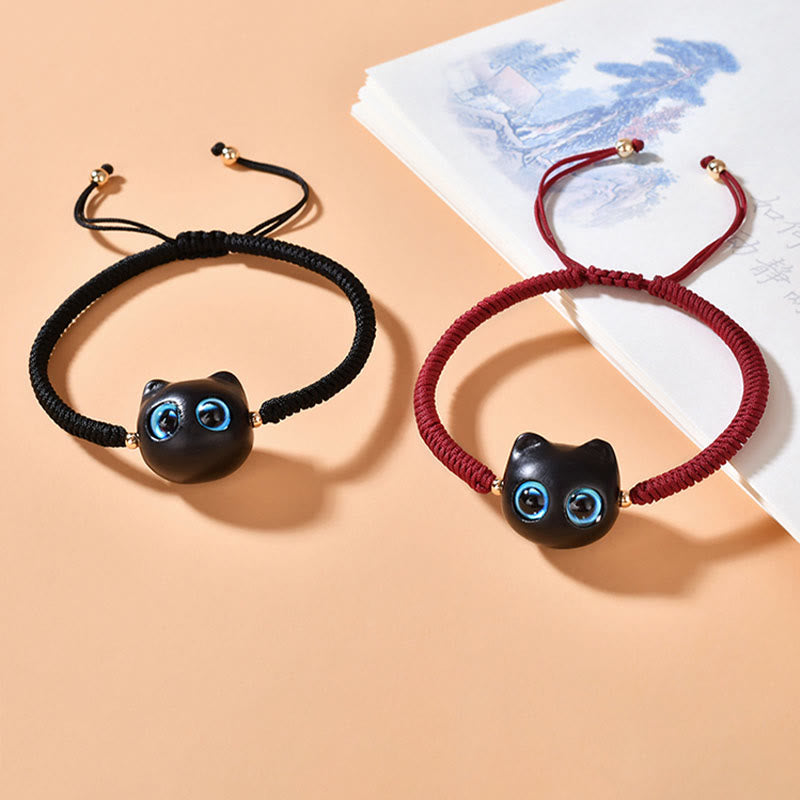 KarmaRipple's Ebony Wood Cat Head Pattern Peace King Kong Weave Woven Bracelet p4