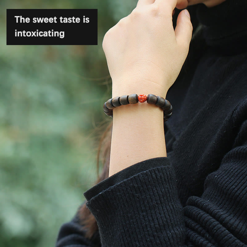 KarmaRipple's Nha Trang Rare Bai Qinan Agarwood Cyan Jade Red Agate Laughing Buddha Tibetan Bone Strength Meditation Bracelet p14