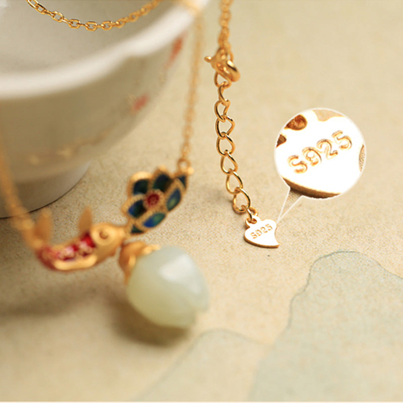 KarmaRipple's 925 Sterling Silver Ivory Jade Koi Fish Lotus Protection Pendant Necklace p7