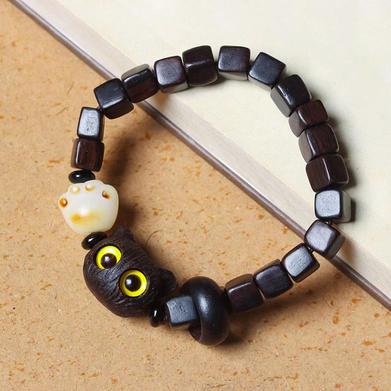 KarmaRipple's Ebony Wood Cute Cat Bodhi Seed Paw Claw Square Beadwork Calm Bracelet p1