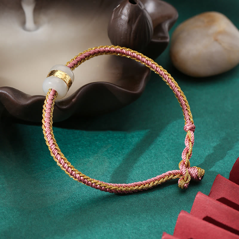 KarmaRipple's 999 Gold Hetian Ivory Jade Om Mani Padme Hum Fu Character Fortune Woven Bracelet p3