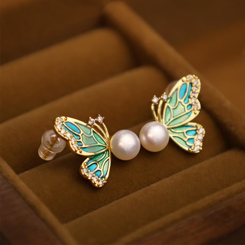KarmaRipple's 925 Sterling Silver Posts 18K Gold Plated Bronze Authentic Pearl Butterfly Balancing Stud Earrings p3