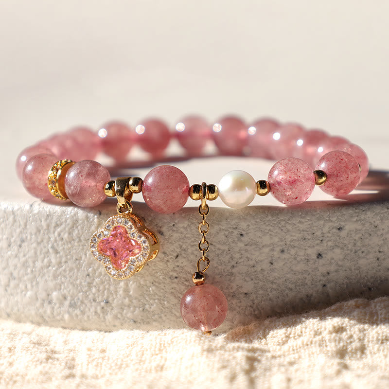 KarmaRipple's Strawberry Quartz Pearl Four Leaf Clover Talisman Balancing Bracelet p8