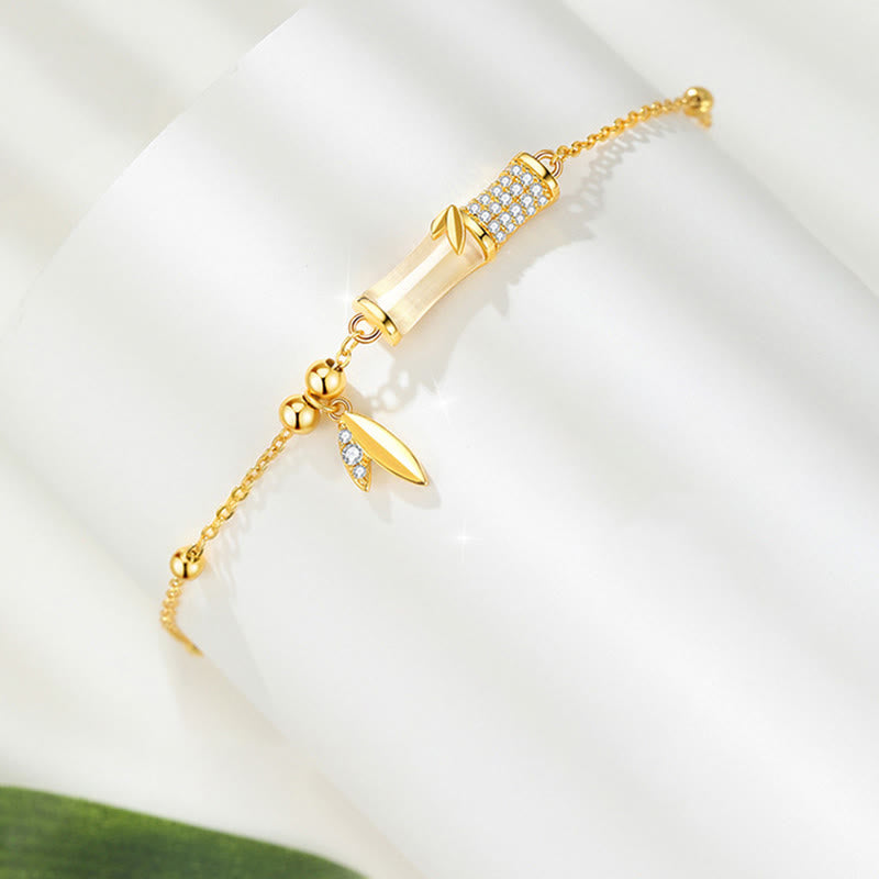 KarmaRipple's 925 Sterling Silver 18K Gold Plated Ivory Jade Bamboo Zircon Leaf Fortune Bracelet p3