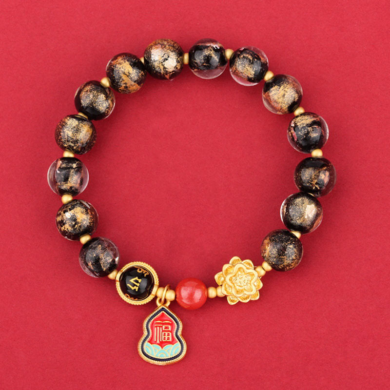 KarmaRipple's Tibet Om Mani Padme Hum Fu Character Gourd Talisman Lotus Liuli Glass Bead Fortune Bracelet p1