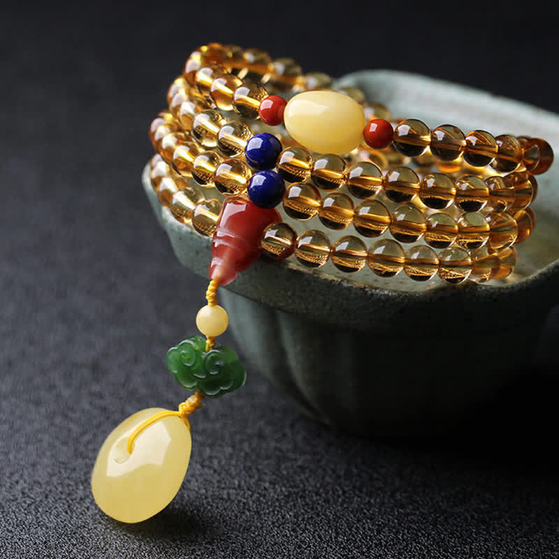 KarmaRipple's 108 Mala Beadwork Authentic Citrine Amber Peace Buckle Red Agate PiXiu Protection Talisman Bracelet p12