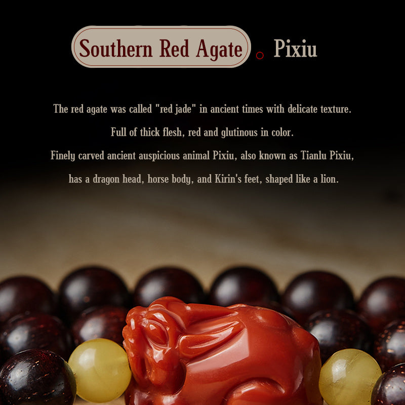 KarmaRipple's Chinese Zodiac Natal Buddha 108 Mala Beadwork Small Leaf Red Sandalwood Red Agate PiXiu Protection Bracelet p18