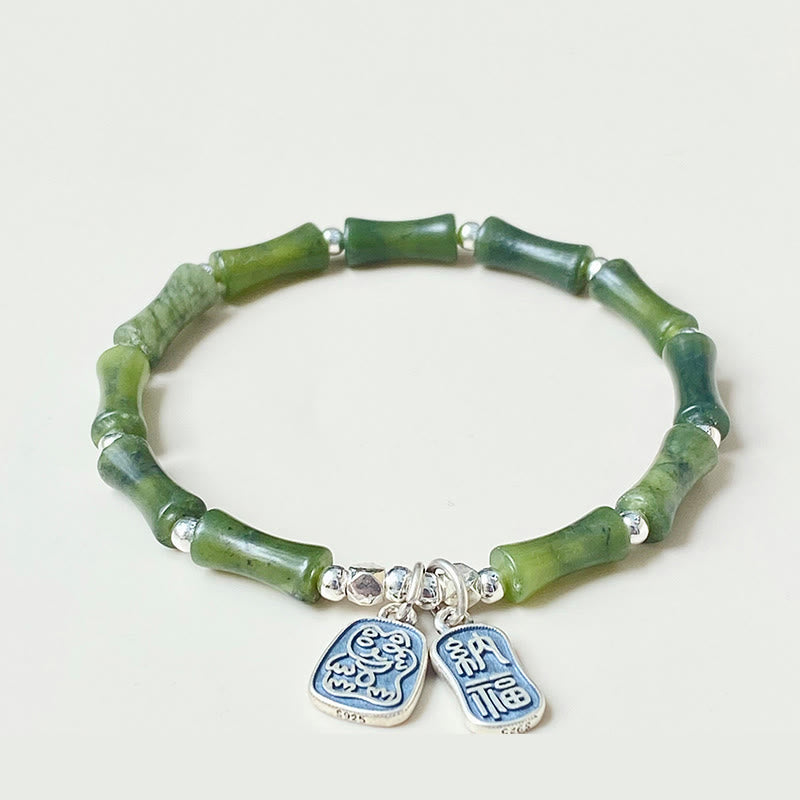 KarmaRipple's 925 Sterling Silver Bamboo Jade Fortunate Cat Fu Character Fortune Abundance Bracelet p5
