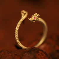 Bague ajustable en argent sterling 925 vintage de KarmaRipple, symbole de l'année du dragon, protection et force de la fortune