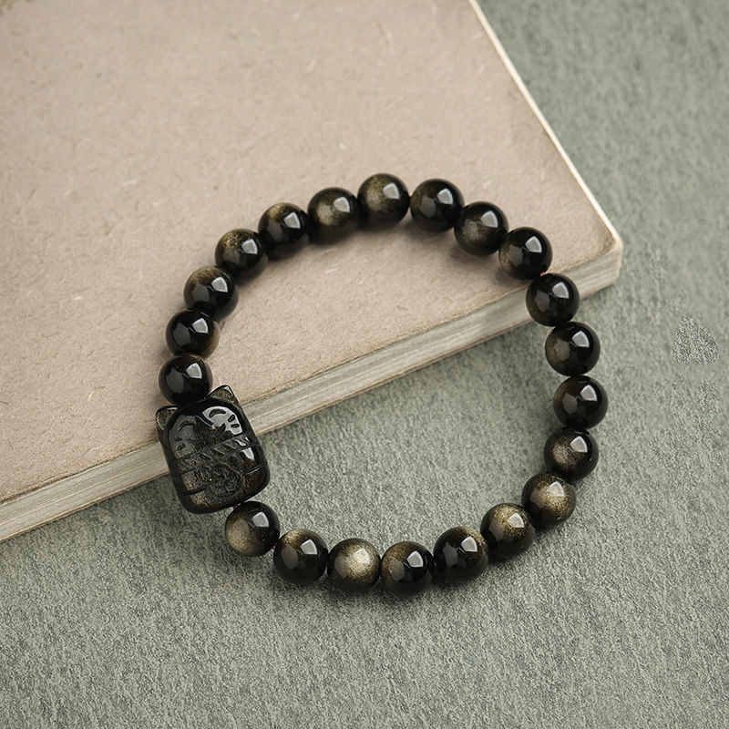 KarmaRipple's Gold Sheen Obsidian Silver Sheen Obsidian Lovely Paw Fortunate Cat Protection Bracelet p3